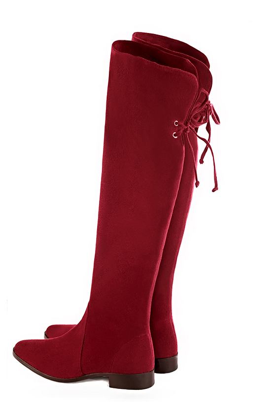 Burgundy red women's leather thigh-high boots. Round toe. Flat leather soles. Made to measure. Rear view - Florence KOOIJMAN